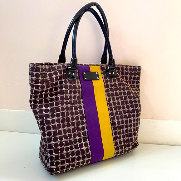 kate spade Handbags - Kate Spade Square Rudy Classic Noel Logo Tote Bag with Purple and Yellow Stripes